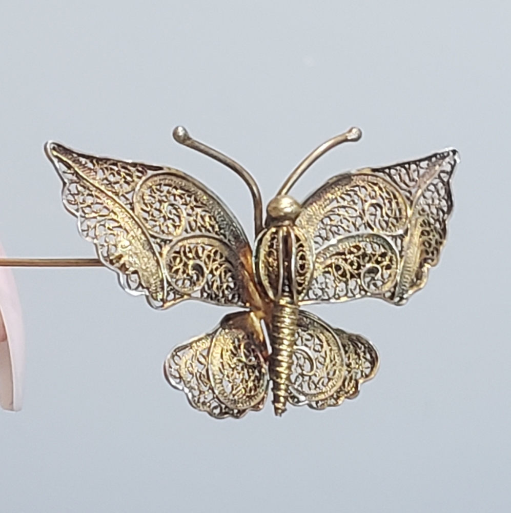 Antique Filigree Vermeil Sterling Butterfly Brooch